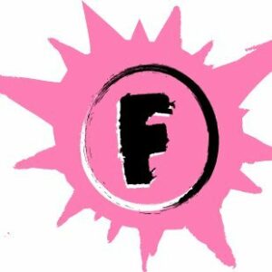 Friction Arts logo, a pink paint splash and a black 'F'