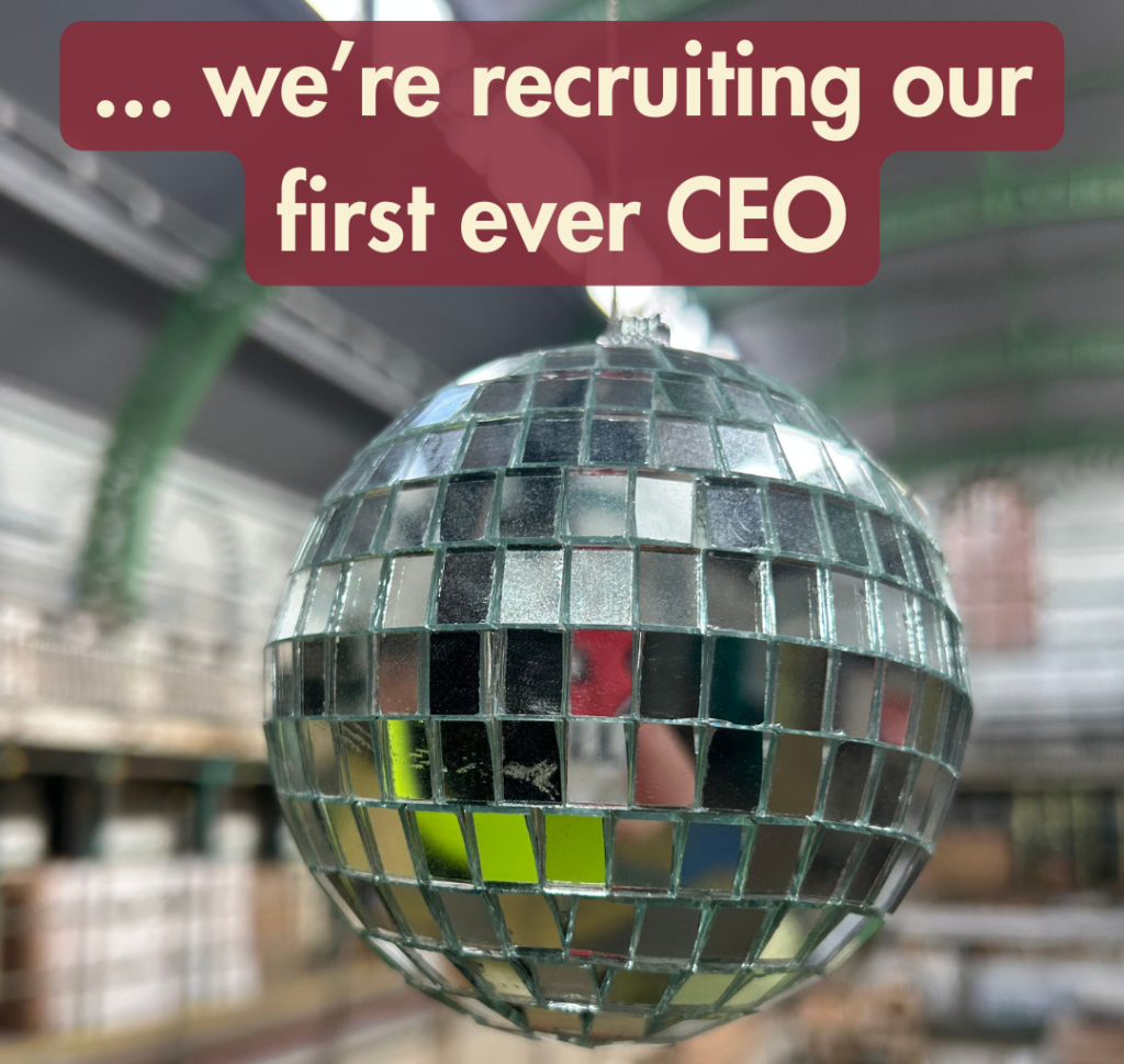 A small disco ball in the Gala Pool, overlayed with the text 'we're recruiting our first ever CEO.'