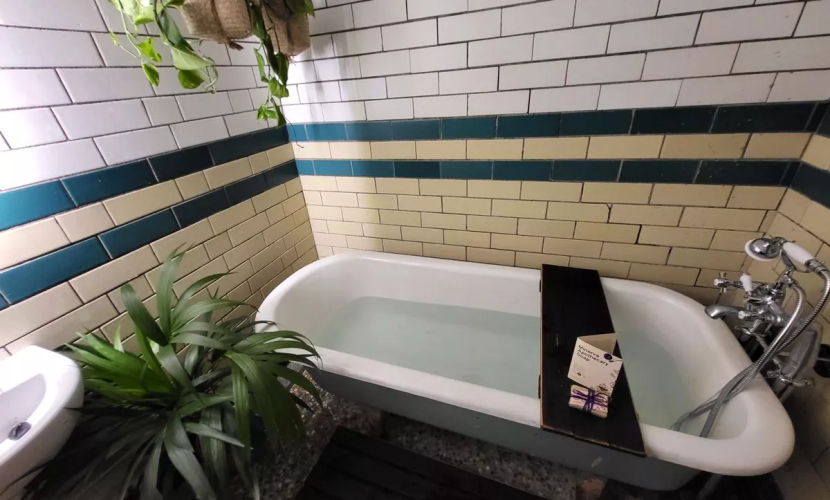 Image of restored and updated 'Slipper Bath; cubicle, with plants, bath tray, soap, and bath tub.